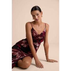 Lulus Flowery Passion Burgundy Floral Print Cowl Neck Midi Dress Red - Size M